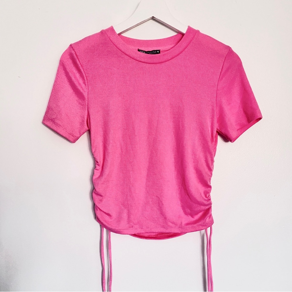 Zara Hot Pink Side Ruched Ribbed Knit T-Shirt